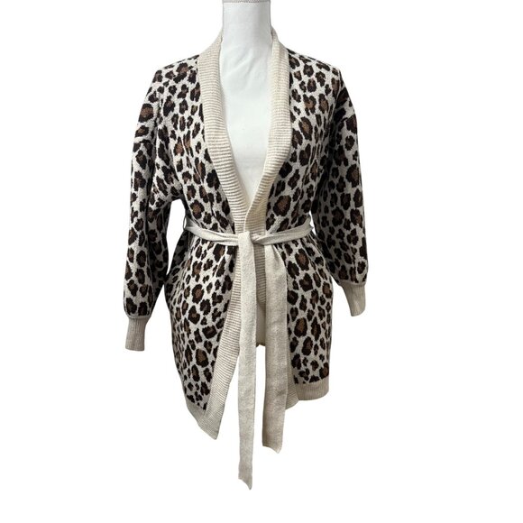 Leopard Print Open Front Belted Knit Cardigan Womens Size Medium Time & Tru - Picture 5 of 12